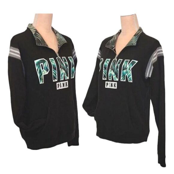 PINK VS Y2K Black Green Tropical Logo Quarter Zip Pullover Sweatshirt Small - Picture 6 of 14